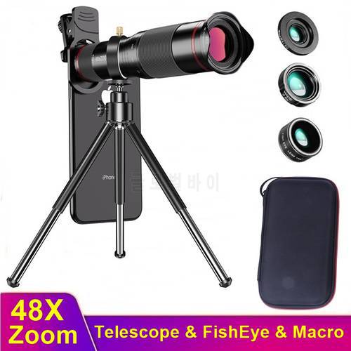 Tongdaytech 48X Mobile Phone Camera Lens 4 IN 1 Telescope Zoom Macro Lentille Fish Eye Lens for Iphone Samsung Xiaomi Smartphone