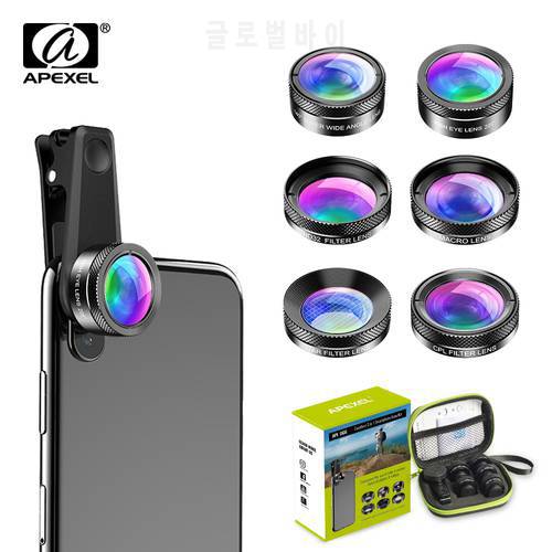 APEXEL 6 in 1 mobile Phone Camera Lens Wide Angle macro Lens Fish Eye Lens CPL/Star Filter ND32 for iPhone huaweall smartphones