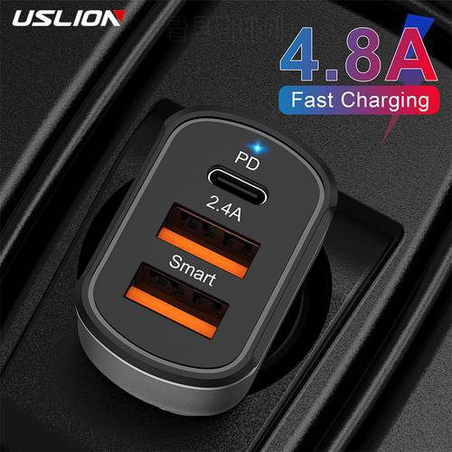 USLION PD Car Charger Mobile Phone USB Charger For iPhone 12 Pro Max Xiaomi Phone PD usbc Fast Charging Car Mobile Phone Adapter