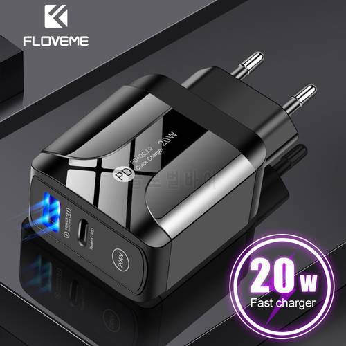 FLOVEME USB Charger 20W Quick Charge 3.0 PD Fast Charging Charger For iPhone Samsung Xiaomi EU/US/UK Plug Mobile Phone Charger
