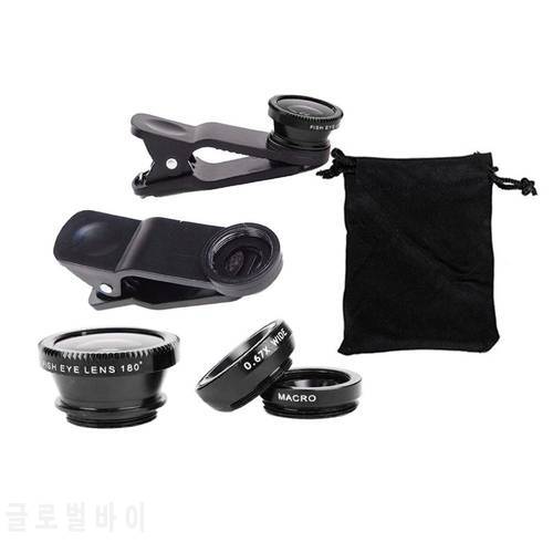 Universal 360 Degree Rotate Shark Tail Shaped Clip Photo Camera Lens Kits 180 Degree Fish Lens 0.65X Wide Angle 10X Macro Lens