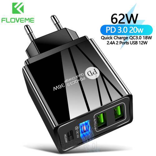 FLOVEME USB Charger 20W PD Wall Fast Charger for iPhone 12 11 Pro QC3.0 Quick Charge for Xiaomi EU/ US Plug Mobile Phone Charger