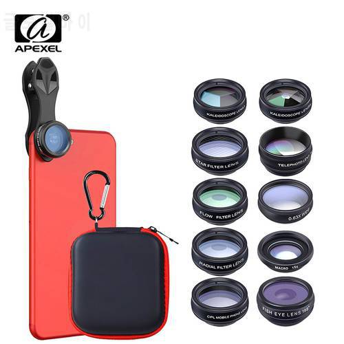 APEXEL 10in1 CellPhone Camera Lens Kit Wide Angle&Macro Lens+Fisheye Lens Telephoto Lens CPL/Flow/Star/Kaleidoscope for phones