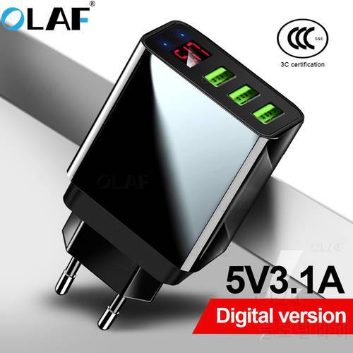 OLAF 3 Port USB Phone Charger LED Display EU Plug Total Max 3.1A Smart Fast Charger Mobile Wall Charger for iPhone iPad Samsung