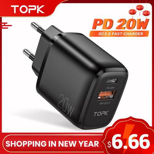 TOPK B210P 20W Quick Charge 3.0 USB Type C PD Charger For iPhone 12 Pro Max Xiaomi USB C Fast Charging Travel Wall Phone Charger