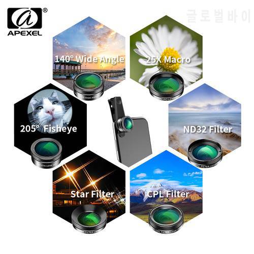 APEXEL 11 in 1 Phone Lens Kit Universal Multifunction Wide Angle Macro Telephoto Lens CPL Star Color Filters For iPhone Huawei