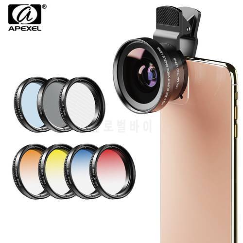 APEXEL 9IN1 phone lens Gradient Filter Kit 0.45x Wide Macro 37mm UV Grad Blue Red+CPL Star ND32 Filter Lens For Most Smartphones