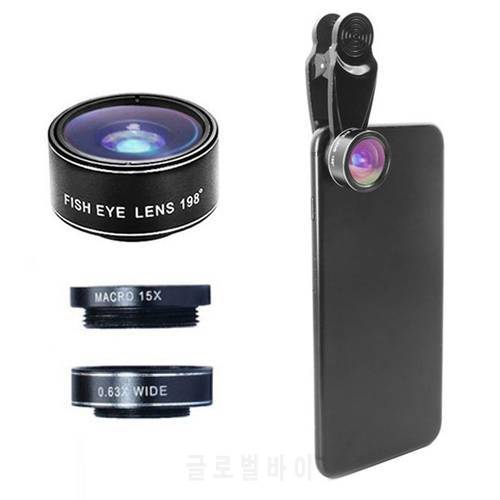Fish Eye Lenses Mobile Phone Lens 198-degree 15X Macro Fisheye Wide Angle Camera Lens Kits Camera Lens Kit for iPhone Android