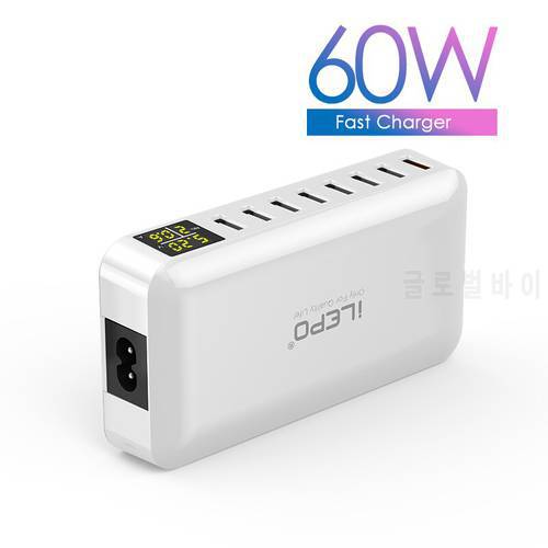 ILEPO 60W 8 Ports Fast Charger 9V 2A QC3.0 Quick Charge For iPhone iPad Samsung Kindle With EU AU UK US Cable Digital Display