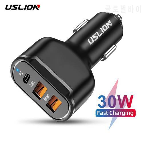 USLION 30W Car Charge PD 3 Ports USB QC4.0QC3.0 Type C Fast Charge For Xiaomi Huawei Samsung Mobile Phone Charger Adapter in Car