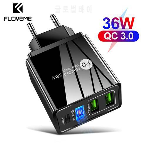 FLOVEME 36W USB Charger Quick Charge 3.0 Type C PD 20W Fast Charging Charger for iPhone 12 Samsung Xiaomi Mobile Phone Charger