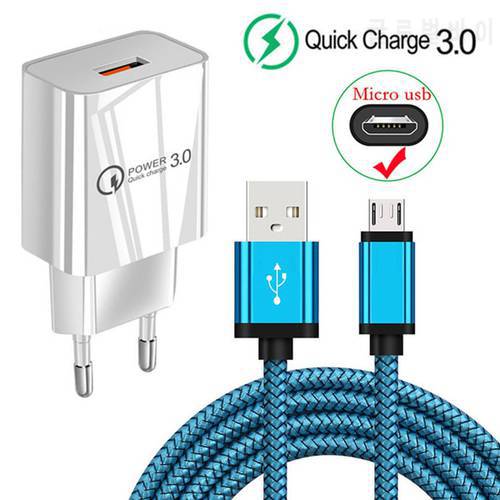 QC 3.0 3A Fast USB Wall Charger For Samsung A01 A03 A6 A7 2018 Huawei P Smart 2019 Y6 Y5p Honor 10i 9a 7a Micro USB Charge Cable