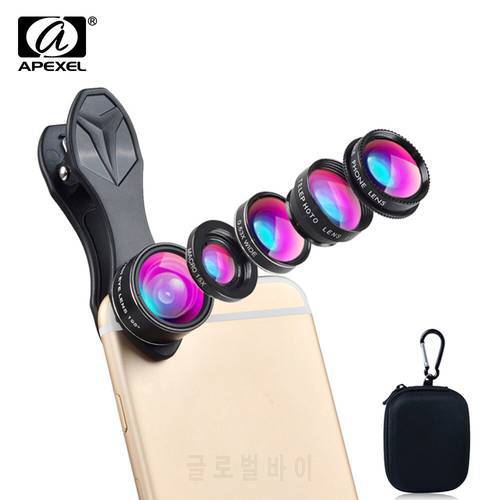 APEXEL Universal 5in1 Phone Lens Kit Fisheye Lens+0.63x Wide Angle+15x Macro Lens+2X Telephoto Lens+CPL Lens For iPhone Android