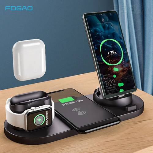 FDGAO 6 in 1 Charging Stand 10W Wireless Charger Dock Station For Apple Watch 8 7 6 SE 5 4 AirPods 3 Pro iPhone 14 13 12 11 X 8