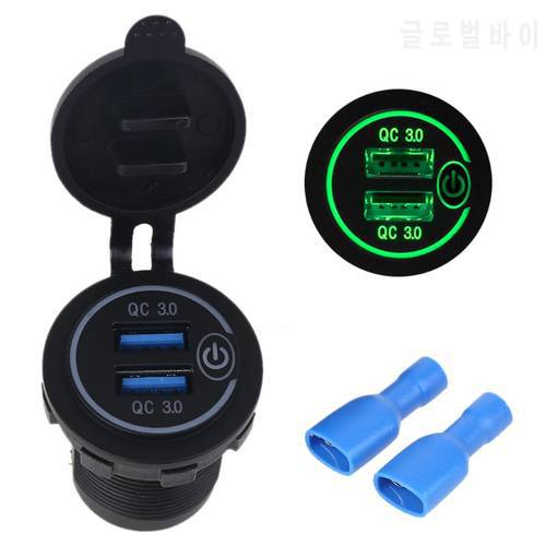 Waterproof 12V 24V Dual QC3.0 USB Car Charger Adapter with On/Off Touch Switch LED Light for Mobile Phone GPS Truck SUV Boat Bus