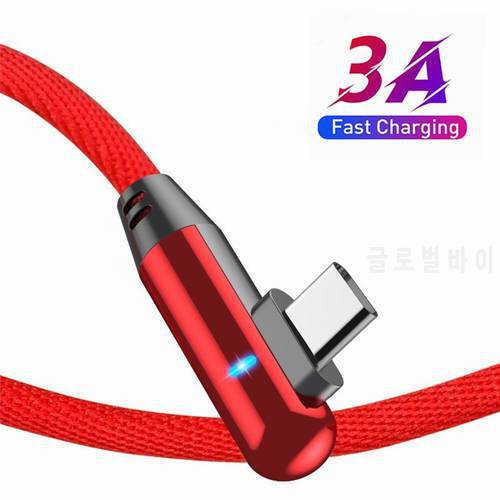 90 Degree USB Type C Cable 3A Fast Charging Data Cord For Samsung Huawei Redmi Note 9 Mobile Phone USB C LED Quick Charger Wire