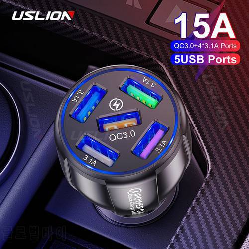 USLION 15A 5 Ports USB Car Charge Quick Mini LED Fast Charging For iPhone 12 Xiaomi Huawei Mobile Phone Charger Adapter in Car