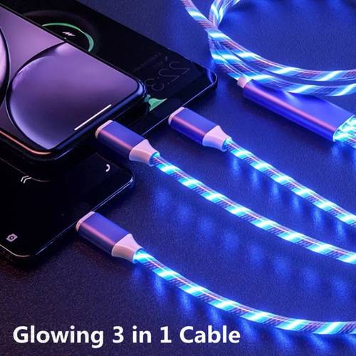 LED Flowing 3 IN 1 USB Cable Micro USB Type C Bright Glowing Charger Cord 1.2M Fast Charging For Huawei Honor Xiaomi Redmi Cable