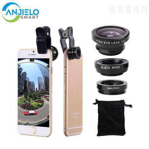 Universal 3 in 1 Cell Phone Camera Lens Kit Wide Angle Macro Fisheye Lens for Smart Phones Iphone Photo Background Stand