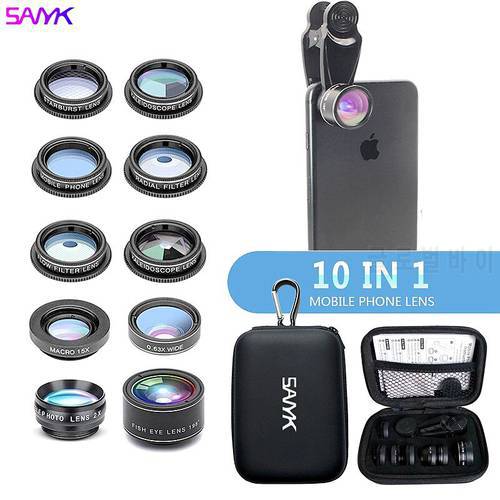 SANYK Mobile Phone Lens Kit 0.63X Wide Angle Lens 15x Macro Lens for Phone CPL Filter 2X Telephoto Lens Fisheye Lens Smartphone