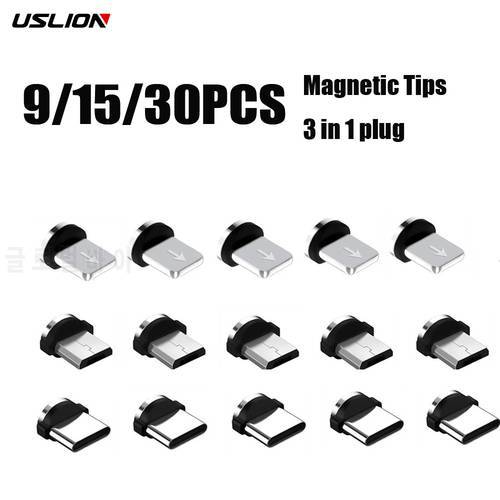 9/15/30PCS Magnetic Tips 3 IN 1 Plug Micro Converter 2.4A Cable Adapter Type C Phone Replacement Parts Dust plug For iPhone 12