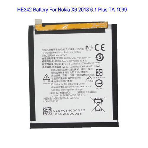 1x HE342 3060mAh /11.78Wh Replacement Battery For Nokia X6 2018 6.1 Plus TA-1099 TA-1109 X5 5.1 Plus Batteries Bateria