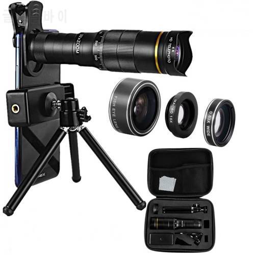 Tongdaytech 4IN1 Phone Telescope Lens 32X 28X Zoom Macro Fish Eye Camera Lens For Iphone Samsung Smartphone Lente Telephoto Lens