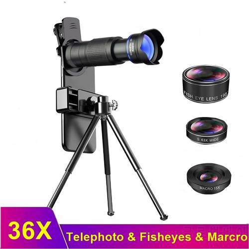 Tongdaytech 36X Phone Camera Lens 4 IN 1 Telephoto Telescope Zoom Macro Fish Eyes Lenses For Phone Lens Iphone Samsung Xiaomi