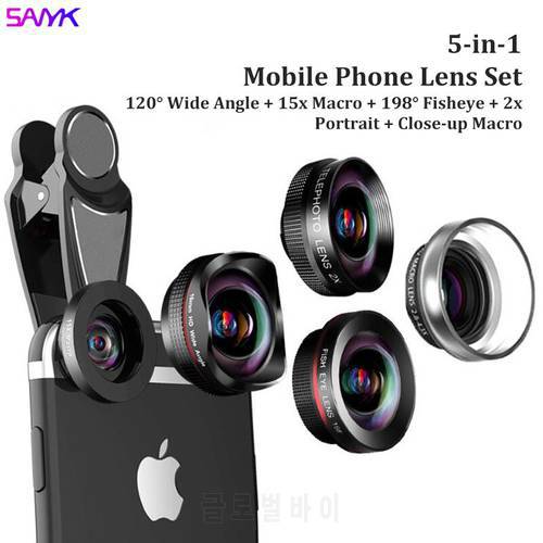 SANYK 5-in-1 Mobile Phone Lens Optical Lens Multi-layer Coating Wide Angle + Macro + Fisheye + Telephoto Clip Lens
