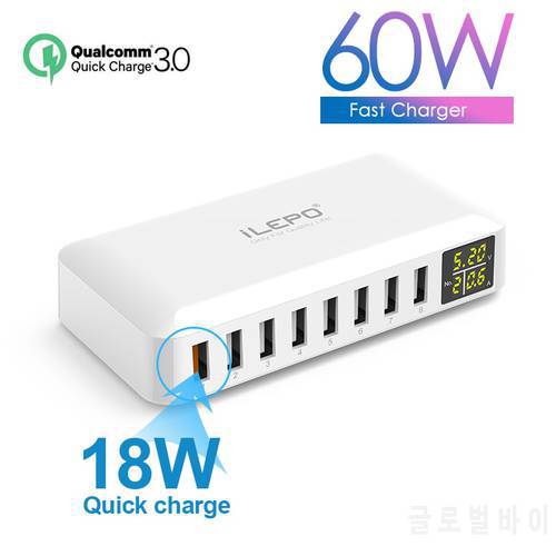 60W 8 Port USB Charger QC3.0 HUB Smart Quick Charge LED Display Multi USB Charging Station Mobile Phone Fast Charger Desktop