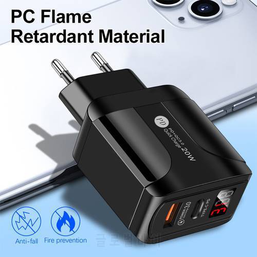 PD 20W QC3.0 Power Adapter USB Type C Dual Port Quick Charger Digital Display Fast Charger For iPhone 12 11 8 Plus Huawei Xiaomi