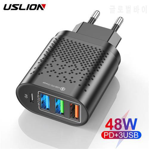 USLION 4 Port USB-C Charger 48W USB Charging For iPhone 12 Pro Max Macbook Xiaomi PD Type C Wall Chargers USB Charger