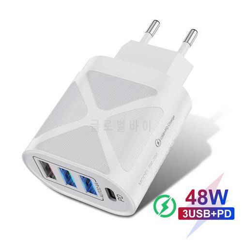 UKGO PD 48W 3 Ports EU US UK Plug Fast Charger Adapter For iPhone 12 11 Samsung Xiaomi Huawei QC 3.0 Mobile Phone Quick Charger