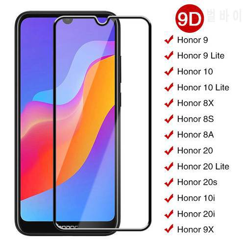 9D Tempered Glass For Huawei Honor 9 10 20 Lite 10i 20i 20s Screen Protective Glass For Huawei Honor 9X 8X 8S 8A