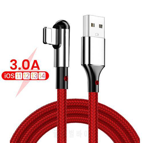 3A 90 Degree Fast Charging USB Cable For iPhone 13 12 11 Pro Max XS XR X 8 7 6 6S L-shape Nylon USB Wire Cord Alloy Phone Cable