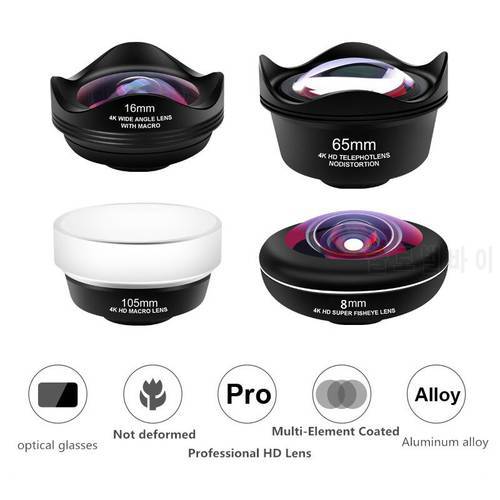 New 4 in 1 Phone Camera Lenses Kit 4K HD Wide Angle Macro Fish Eye Lens for iPhone Smartphone HD Lenses Kit