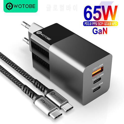 65W GaN USB-C Wall Charger,3-Port PD65W PPS 45W 20W for Laptops MacBook iPad iPhone 13/12 Samsung P40/30 MI11 Charging Station