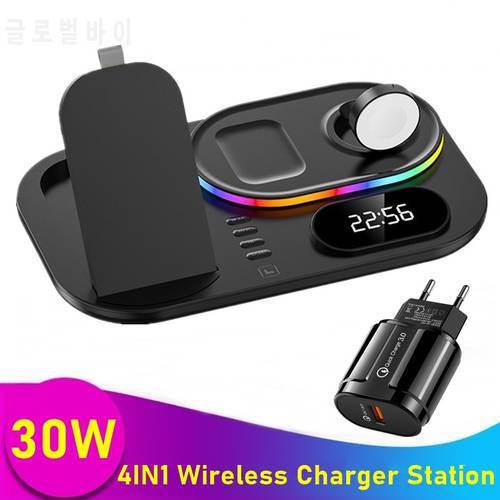 4IN1 Wireless Charger For iPhone X 14 13 12 11 Pro Max 4IN1 Time Clock RGB 30W Fast Charging Station for Apple Watch Airpods Pro