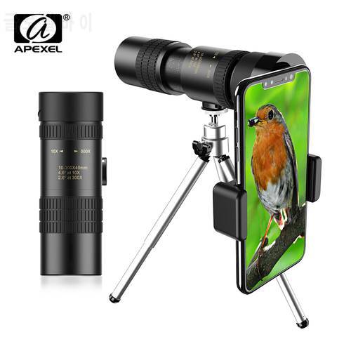 APEXEL HD 10-300X40 Zoom Telephoto lens Monocular Long Range Powerful Foldable Telescope for all Smartphones Hunting Camping