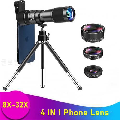 4IN1 Mobile Phone Lens 8-32X Zoom Monocular Telescope 198 Fisheye lenses 15X Macro 0.63X Wide Angle Lente For Phone Tablet Ipad
