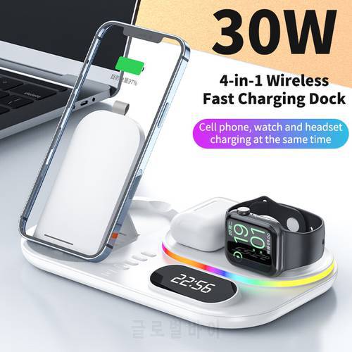 4 in 1 Fast Wireless Charger Clock Pad for iPhone 13 12 11 Pro Samsung Wireless Charging Stand for Apple Watch 7 6 AirPods Pro