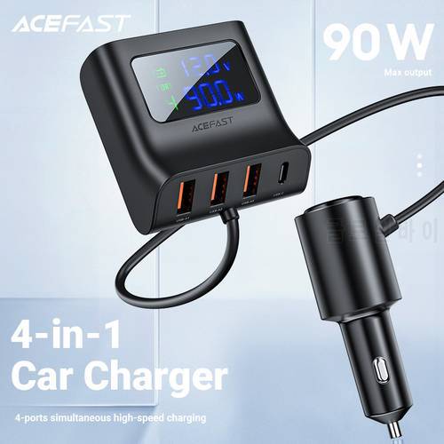 ACEFAST 4 Port USB Car Charger Cigarette Lighter Socket Splitters PD QC3.0 90W LED Display Voltmeter Dock Fast Charging Station