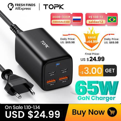 TOPK B15-C4 65W GaN Charger Quick Charge QC 4.0 3.0 Type C USB-C PD AFC Desktop Fast USB Charger for iPhone 14Pro Macbook Laptop