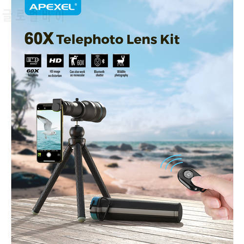 APEXEL HD Professional Telephoto 20X-40X / 60X Zoom Lens Bluetooth With Selfie Tripod Shutter Observe The Moon For iPhone Huawei