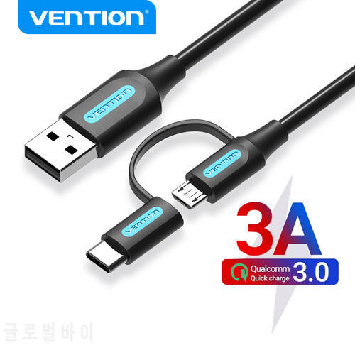 Vention 2 in 1 USB Type C Cable for Xiaomi Mi 9 3A Fast Charging USB Cable for Samsung Galaxy S10 S9 Plus Huawei Micro USB Cable