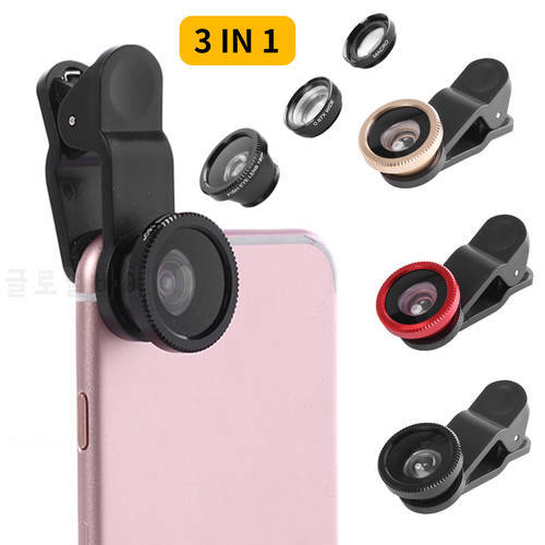 3 in 1 Mobile Phone Camera Lens Kits Wide Angle Macro Fisheye Lenses Ultra-Portable Mobile Fish Eye for iPhone Samsung Xiaomi