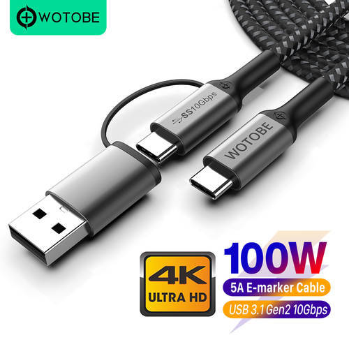 2 in 1 USB C to USB C Cable 5A E-MARK PD100W USB 3.1 Gen2 10Gbps 4K 60Hz Video Nylon weaving alloy Power Line for laptops