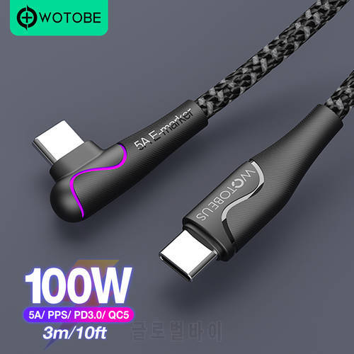 WOTOBE PD100W USB Type C to USB C Cable 5A E-Mark Fast Charging Charger LED 7-color 90 Degree Date Cable For MacBook iPad Switch