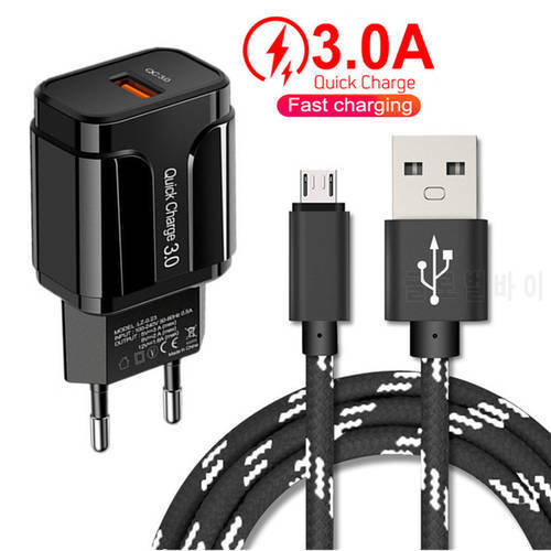 18W QC3.0 Quick Charger Plug Adapter Micro usb Charge Cable For Samsung A10 ZTE Blade A3 A5 A7 V7 V9 ASUS Zenfone Max M2 ZB633KL
