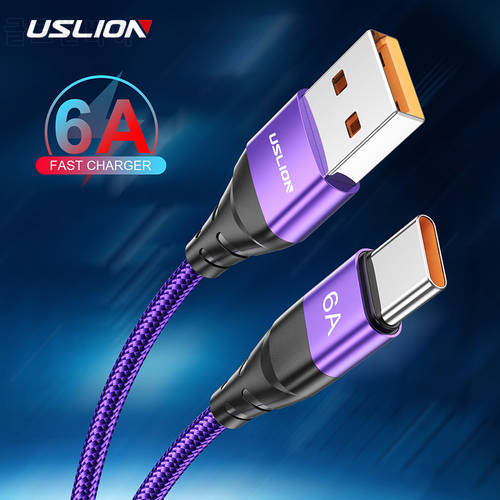USLION 6A USB Type C Cable for Samsung S10 S20 Xiaomi Redmi Super charge 66W Fast Charging USB-C Charger Cable for Phone Cord